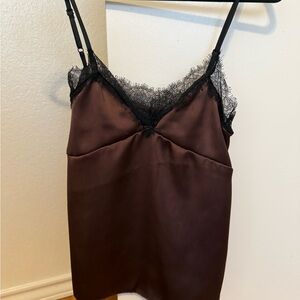 Zara Brown Satin Tank Top with Black Lace Trim